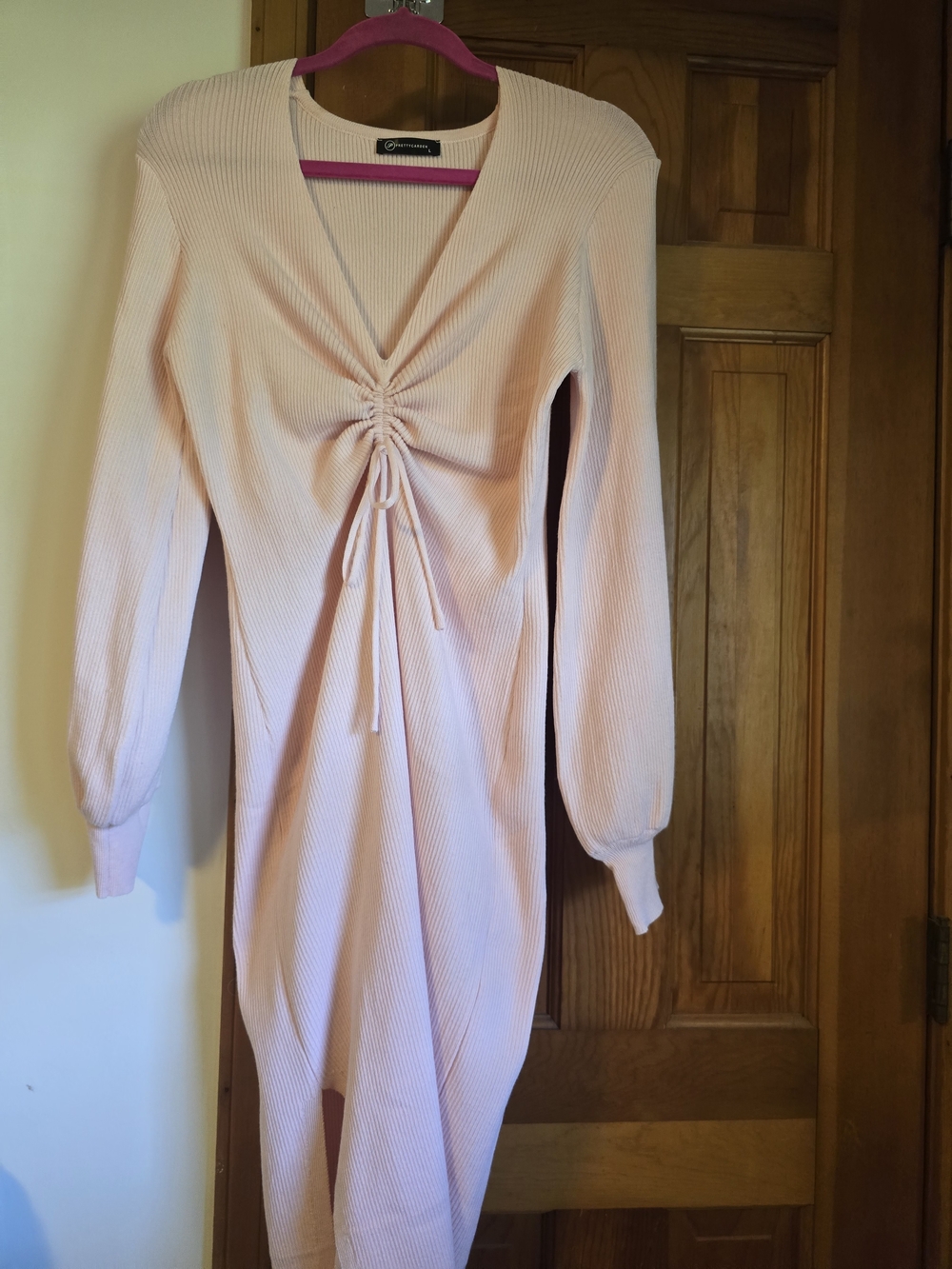 Ruched V-Neck Ribbed Long Sleeve Dress - Light Pink
